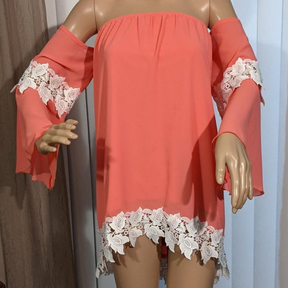 MIIN Peachy Pink Knit Tunic Off Shoulder Bell Lace